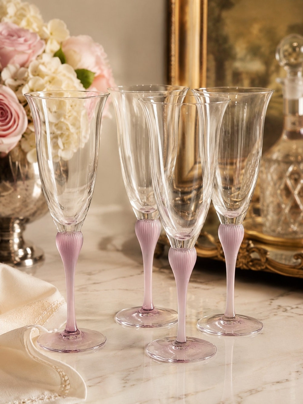 Vintage 1980s Mikasa Crystal Sea Mist Pink Ribbed Stem Toasting Glasses Set Of 5